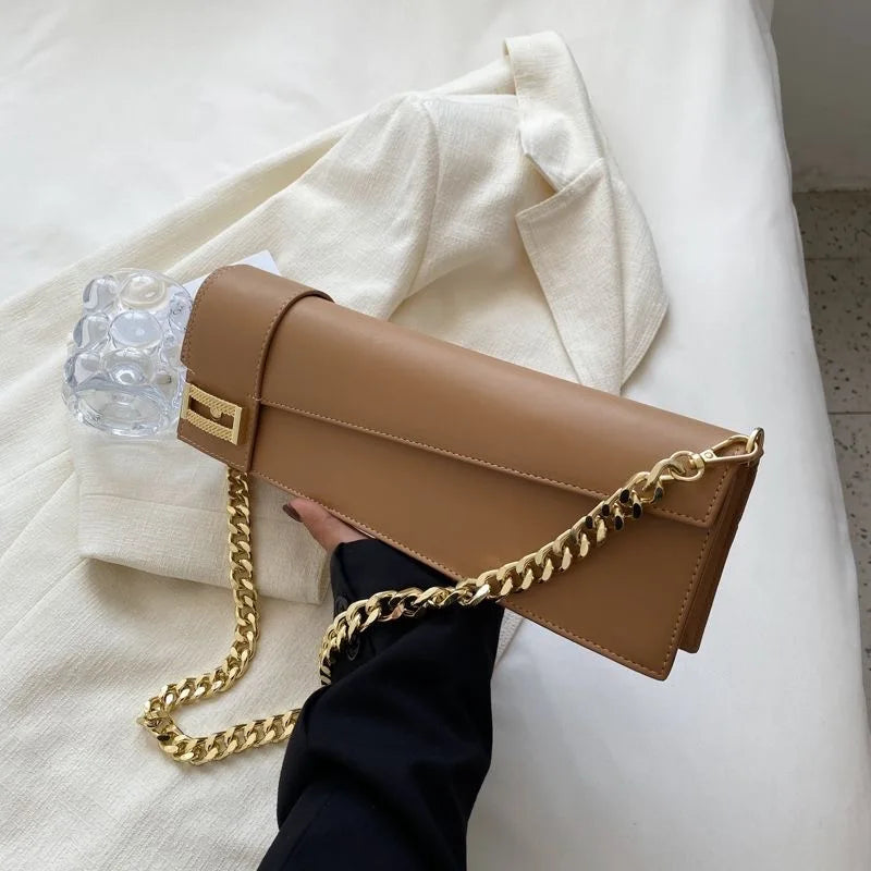 High Quality Klein Blue PU Leather Shoulder Bag for Women | Fashion Rectangle Underarm Purse (Ladies' Solid Handbag with Chains)