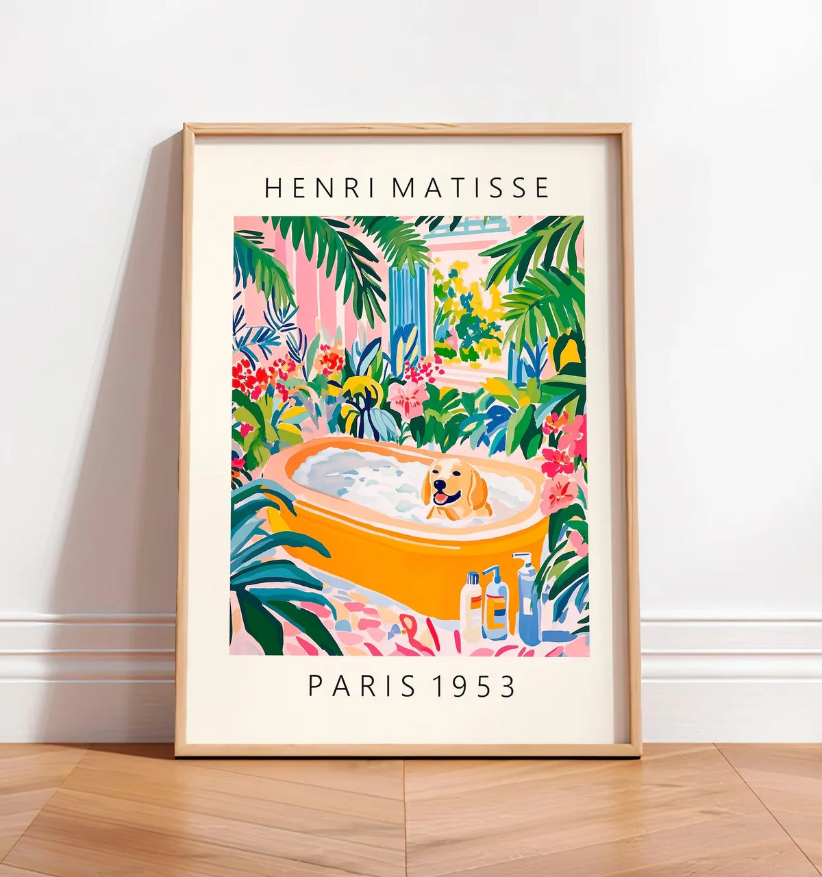 Black cat on toilet, Bathroom wall art, Matisse poster, Funny bathroom decor, Pink tropical decor