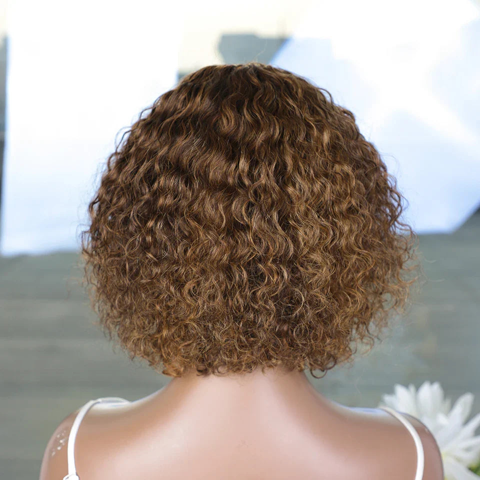 Highlight Honey Blonde Jerry Curly Bob Wig with Bangs | Non-Lace Front Human Hair