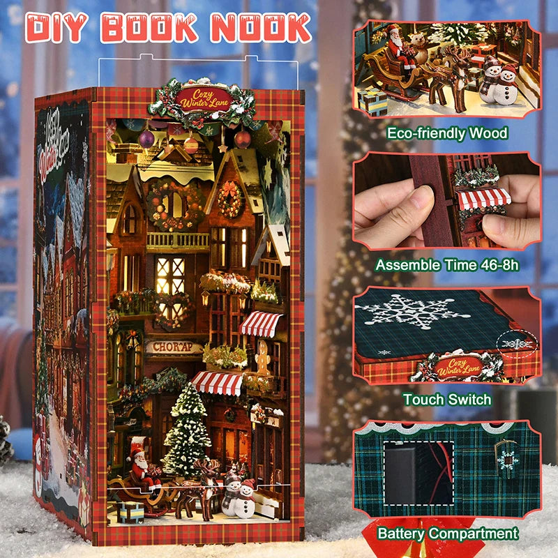 New Christmas Street Corner Book Nook DIY Kit - Bookend Model House, Handcrafted Assembly, Creative Gift Christmas Black Friday