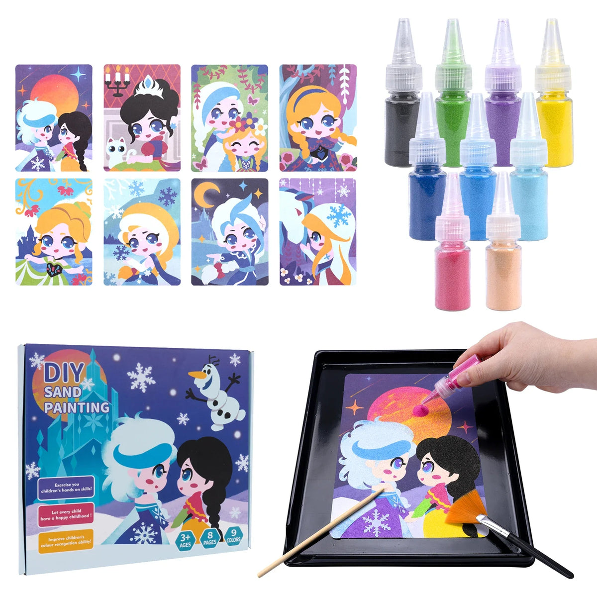 Sand Art Kit DIY Sand Painting Craft 14 Color 12 Princess Sand Painting Cards Montessori Toys Educational Toys for Kids Gifts