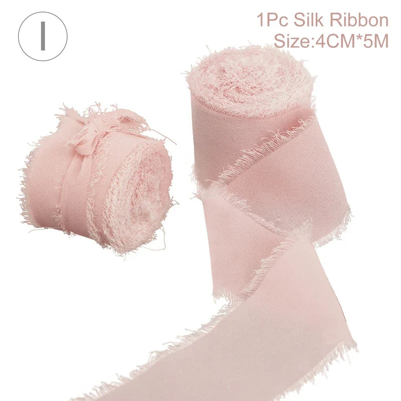 5M Handmade Frayed Edged Satin Chiffon Silk Ribbon For Wedding Invitation Wrapping Bouquets Birthday Party Decorations Gifts