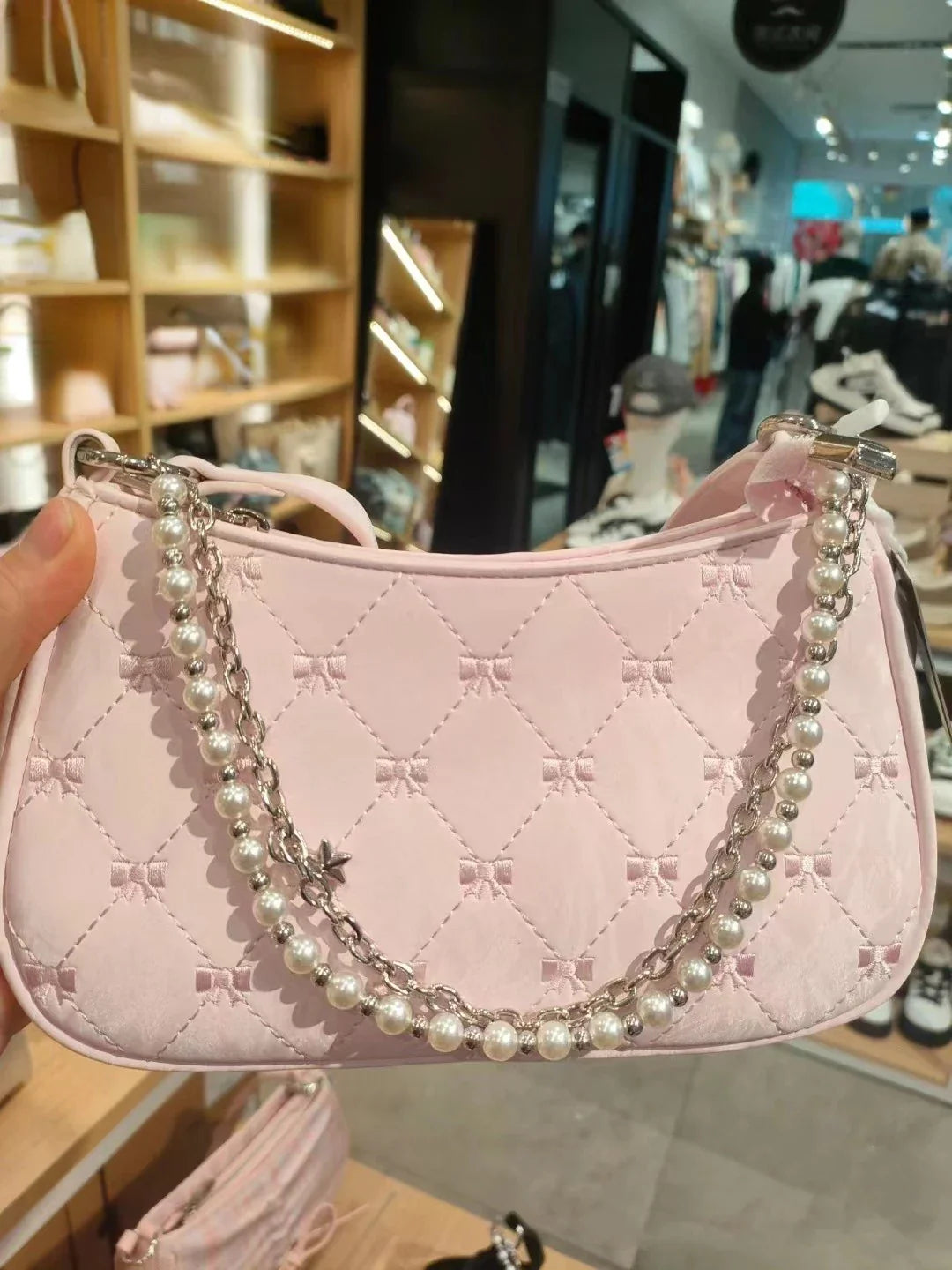 Women's Shoulder Bag | Elegant Cute Bow Pearl Chains & Embroidery Handbag (Casual Leather Korean Fashion Female Handbag)