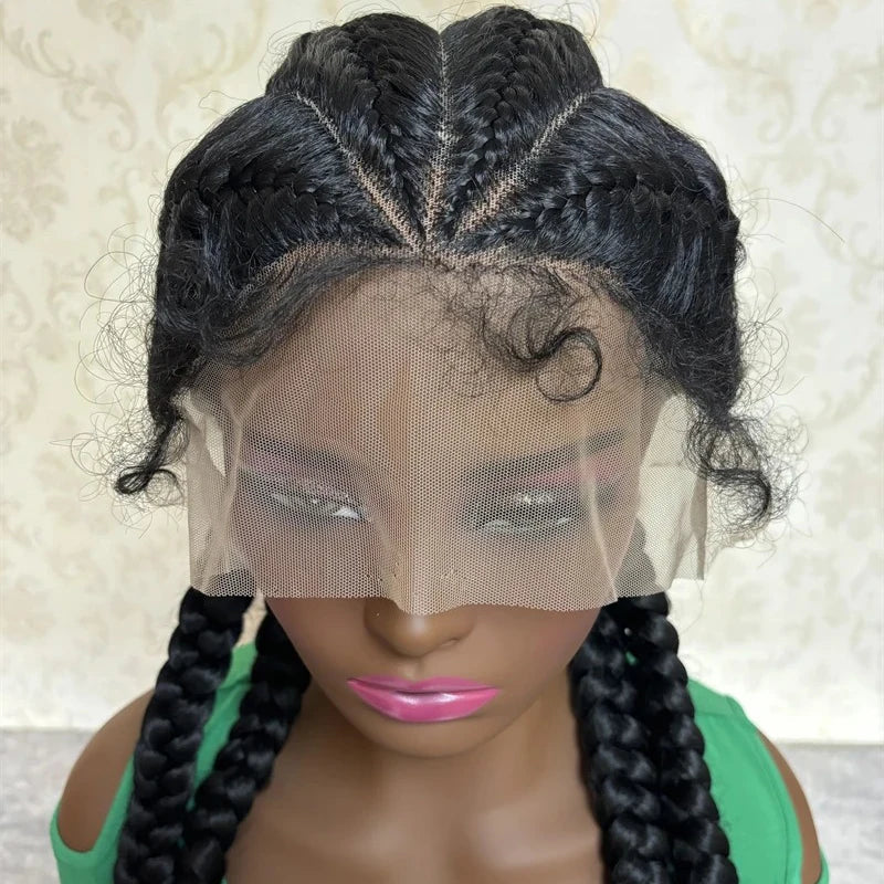 Long Black Dutch Braids Wig | Lace Front | Human Hair Blend | Cornrow Accents | Daily Wig