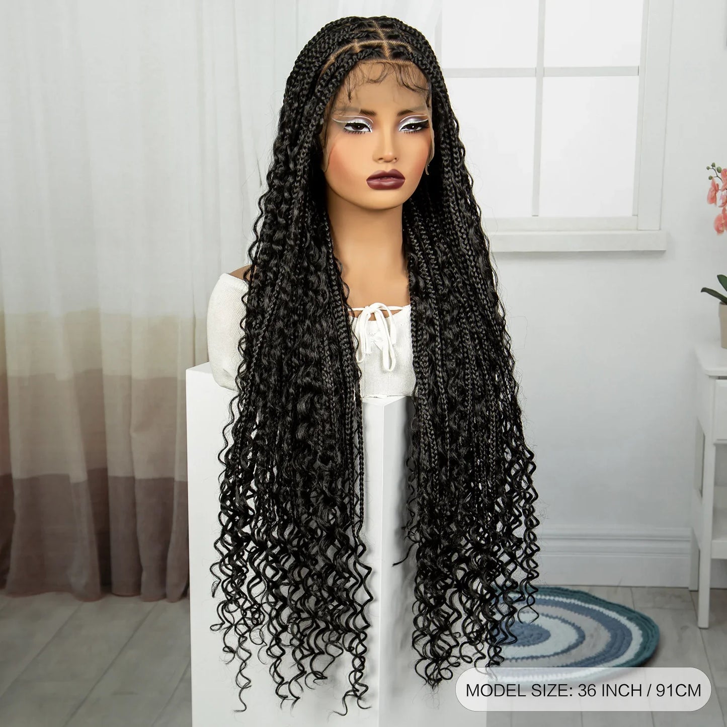 36" Long Boho Knotless Braids Wig | Curly Ends | Full Lace | Baby Hair