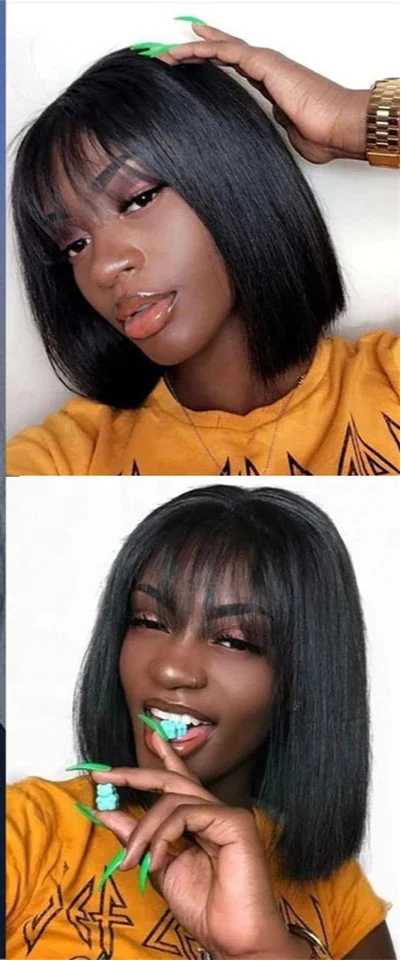Short Straight Bob Human Hair Wig with Bangs | Full Machine Made Remy Hair | Natural Color