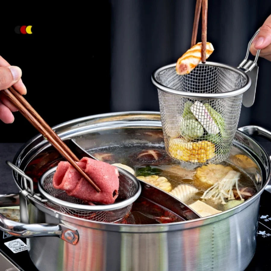 Stainless steel chafing dish, leaky spoon, household strainer, funnel, hook, instant boiled meat, fried Lo mein, boiled noodles