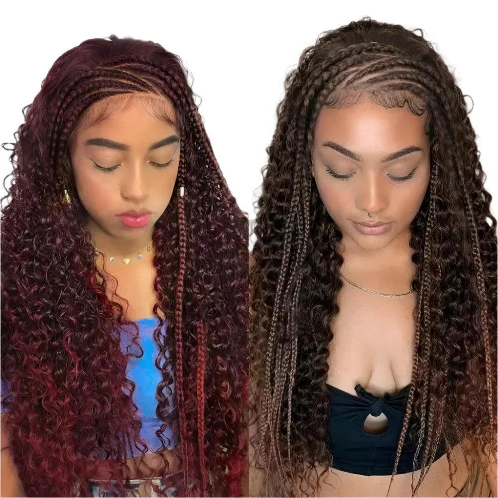 Burgundy Cornrow Stitch Curly Braids Wig | 13x4 Lace Front | Baby Hair | KIMA