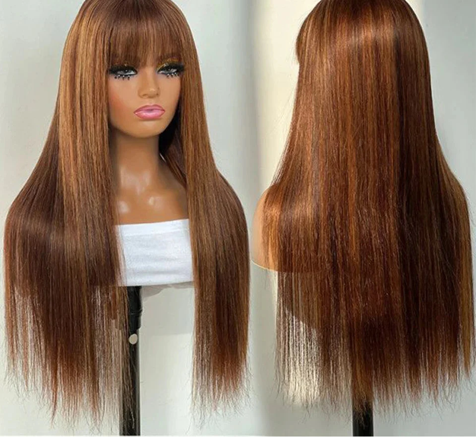 Dirty Pink Straight Human Hair Wig with Bangs | Full Machine Made Brazilian Remy for Women (Wear & Go)