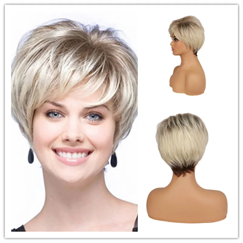 Short Brown Bob Wig with Bangs | Mixed Blonde Synthetic Natural Hair Wig for Women (Soft Mommy Hair, Daily Use)