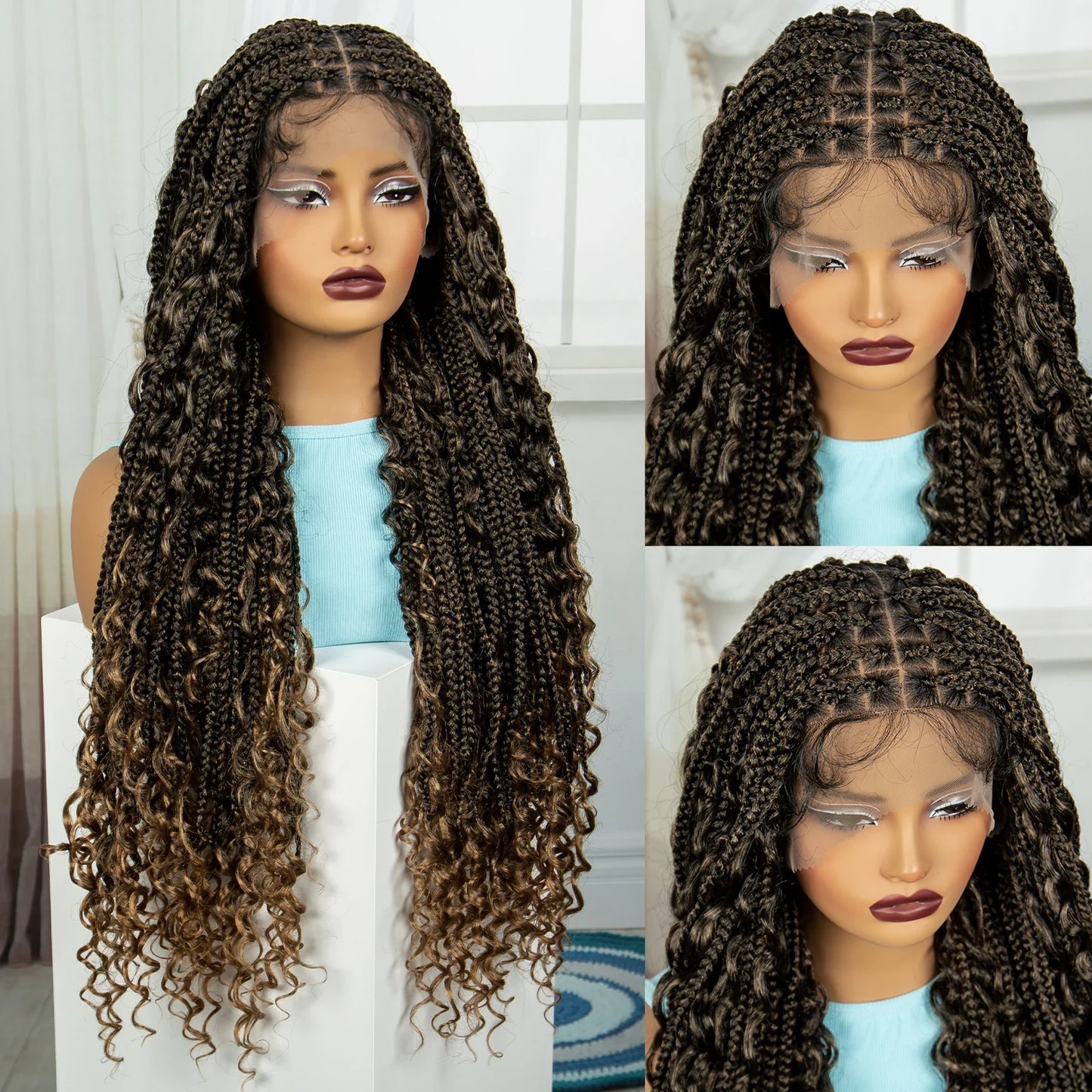 Burgundy Knotless Box Braids Wig with Curly Ends | Full Lace Handmade