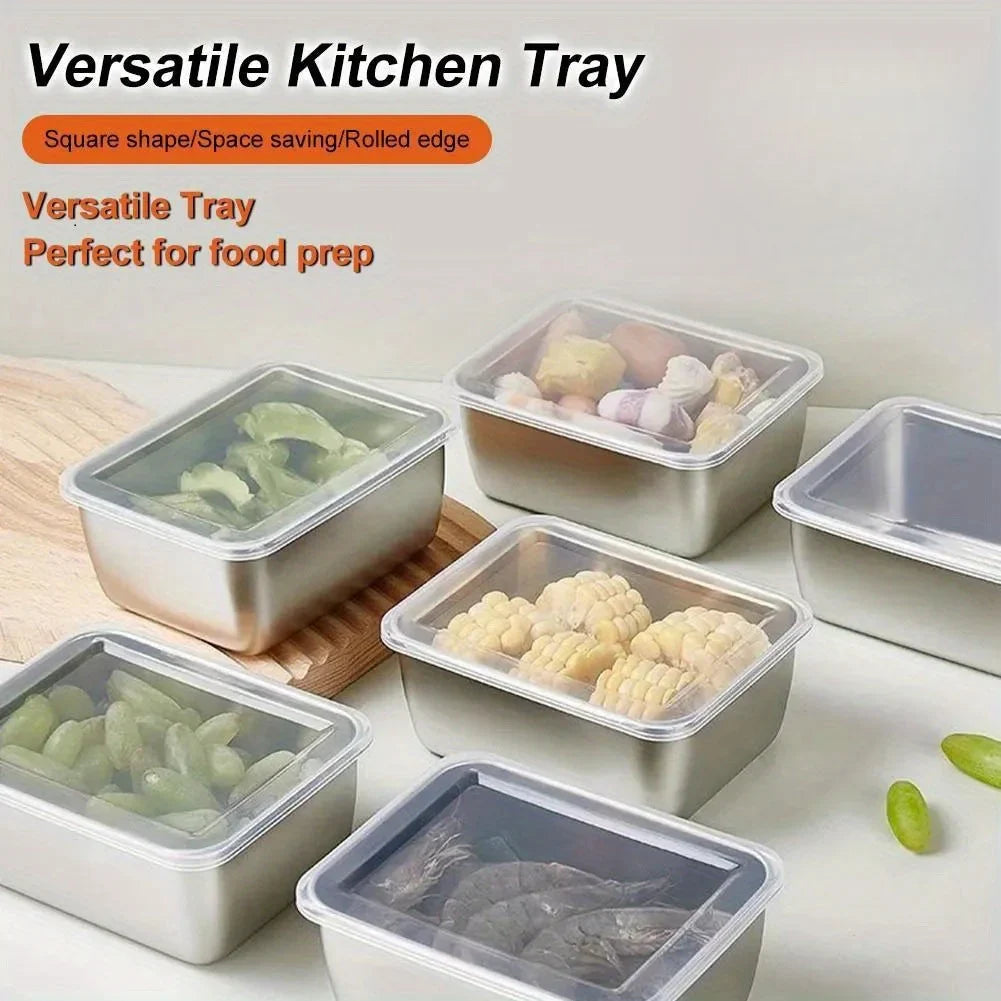 Thickened Square Plate Stainless Steel Rectangular Food Storage Pan With Lid Commercial Dish Tray Freshing Lunch Box Container