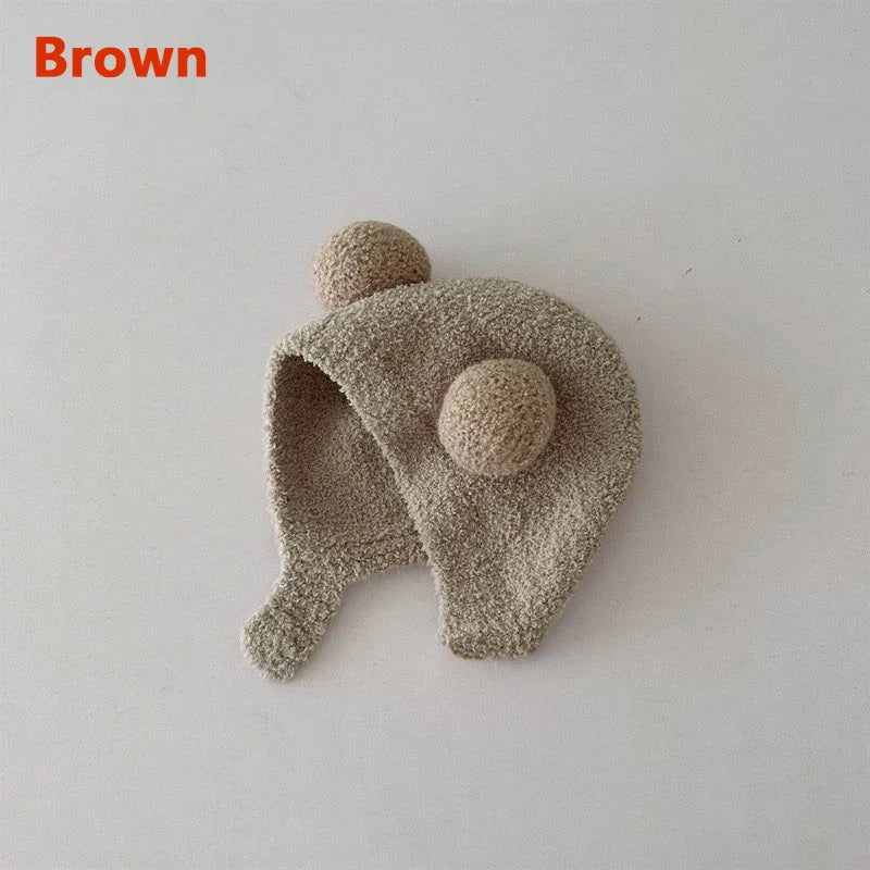 Cute Winter Warm Kids Girl Boys Baby Hats Fleece Wool Hemming Caps with Ball Solid Wool Ear Protection Hats Soft Newborn Bonnet