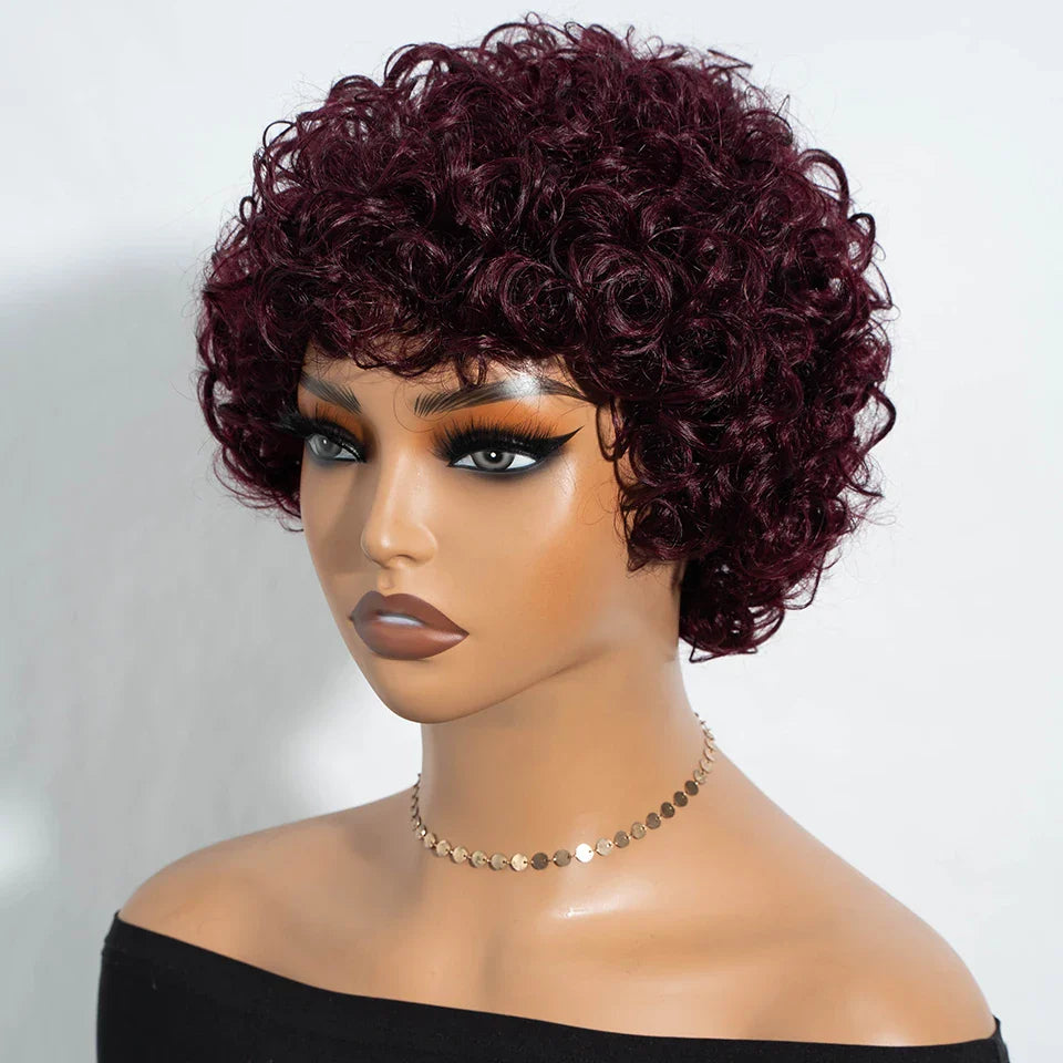 Sleek Short Pixie Afro Kinky Curly Human Hair Wig | Glueless Natural Brown Bob with Bangs