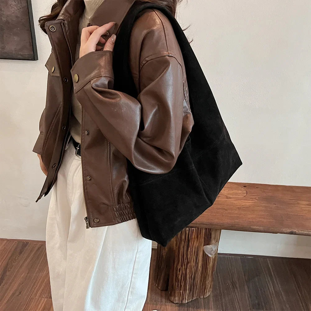 Women's Faux Suede Tote Bag | Vintage Large Capacity Shoulder & Underarm Handbag (Designer Style, Simple Commuting Bag)