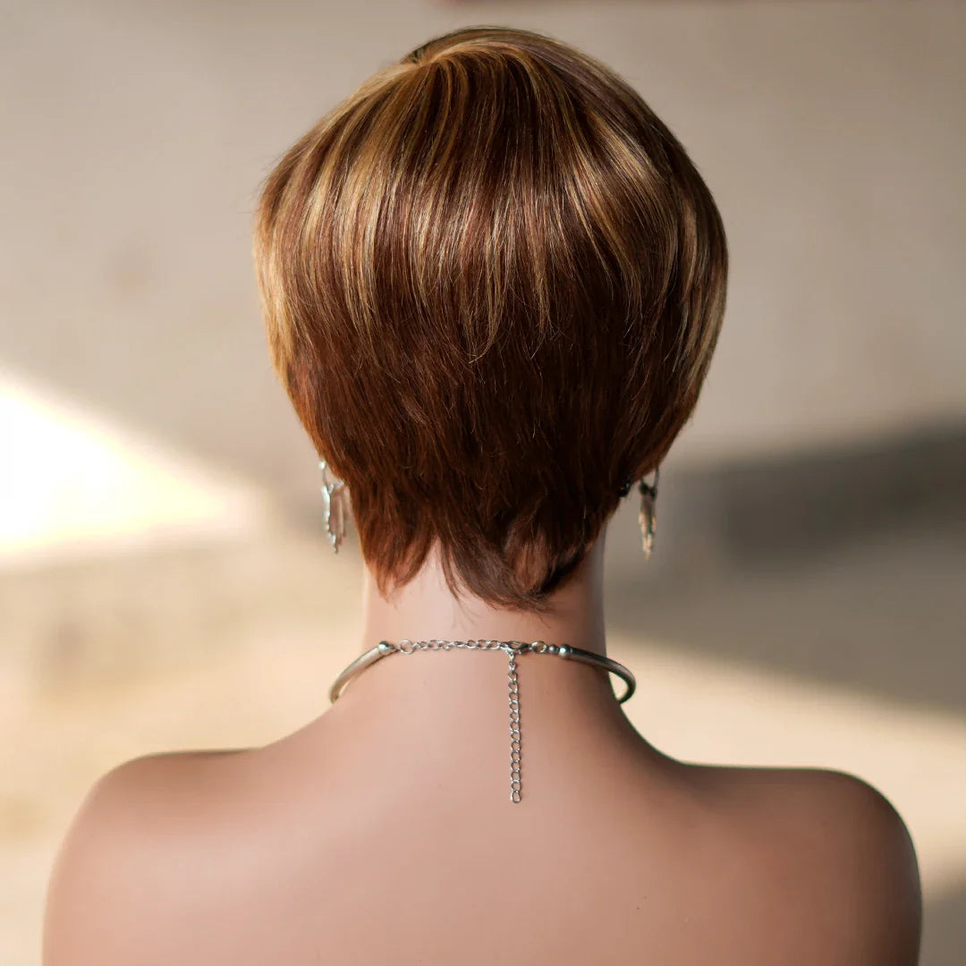 6 Inch Pixie Cut Human Hair Wig with Bangs | P4/27 Natural Highlight | Short Straight Remy Hair