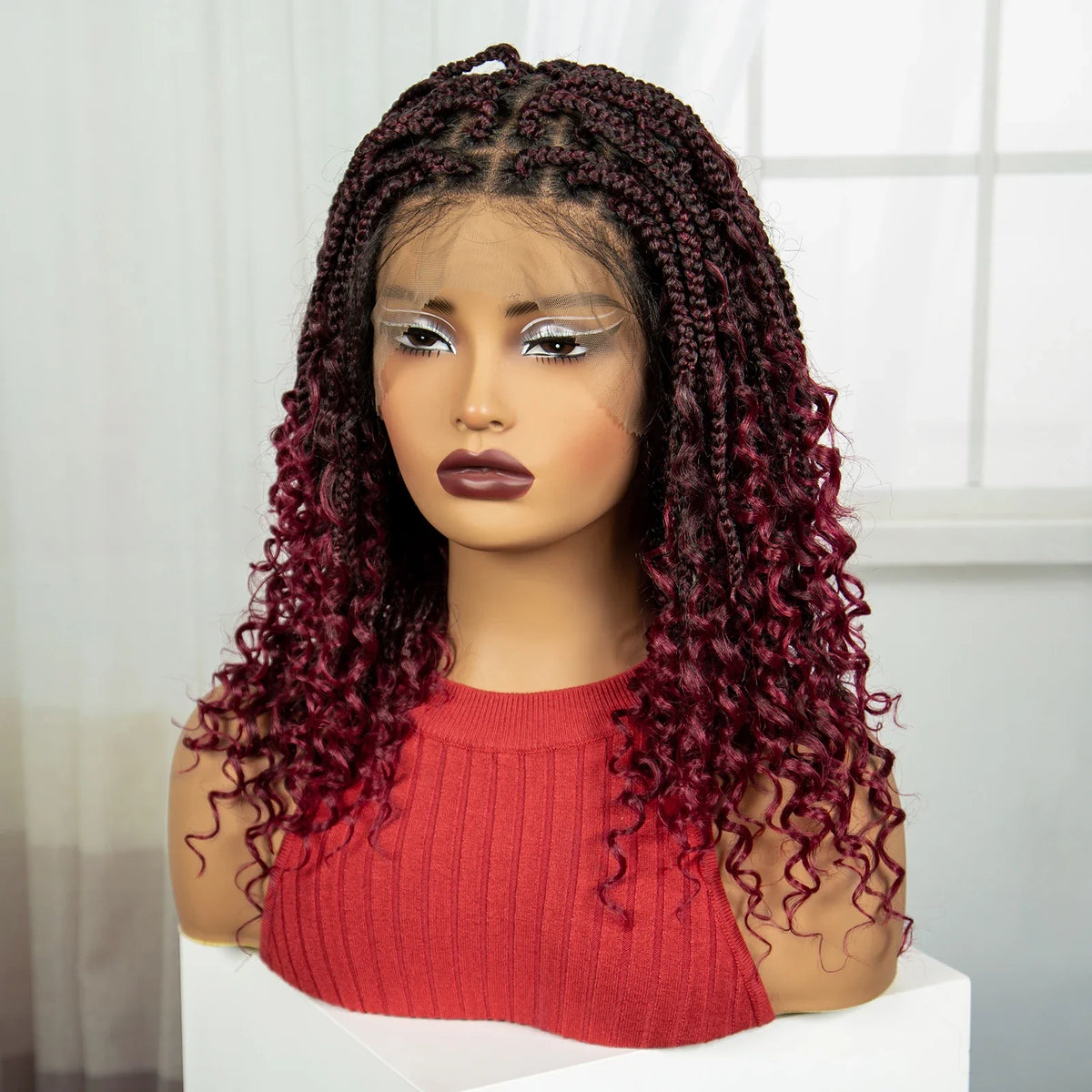 Burgundy Curly Ends Knotless Braids Bob Wig | 99J | Full Lace | Boho Style