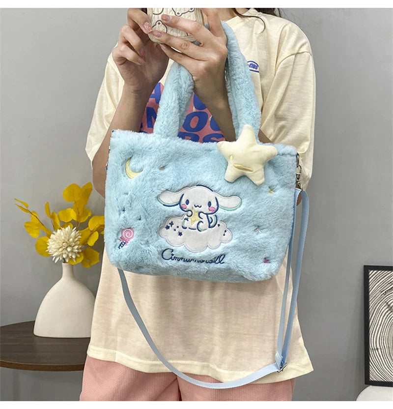Kawaii Hello Kitty Plush Shoulder Bag | My Melody Cinnamoroll Kuromi Cute Cartoon Anime Handbag (Soft Storage Bag for Women & Girls)