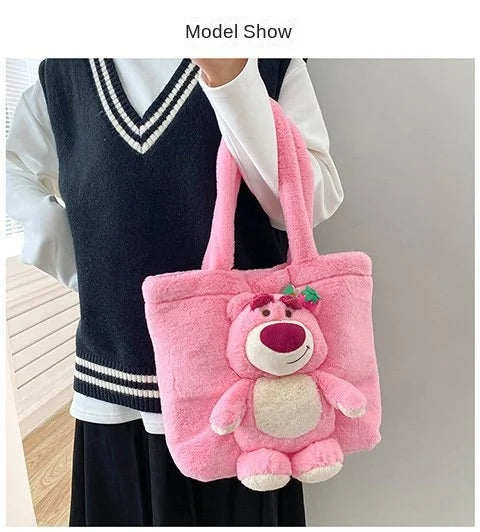 New Cartoon Plush Doll Shoulder Bag | Sweet and Cute Stitch Strawberry Bear Soft Cute Girls Handbag