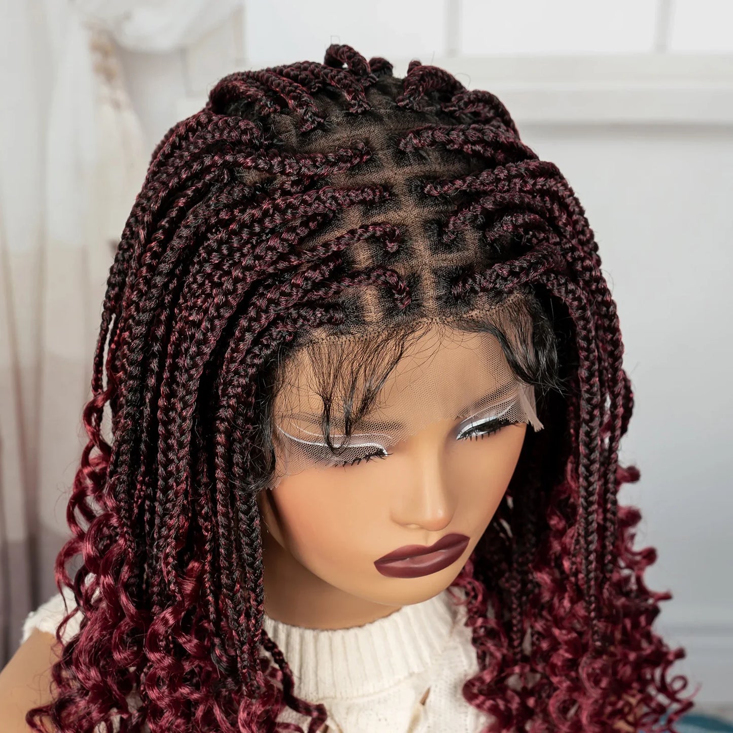 Knotless Box Boho Braided Wig with Curly Ends | Short Bob Style | Full Lace Synthetic Wig for Black Women