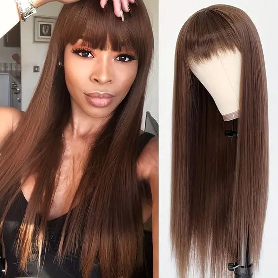 Burgundy Red & Black Bone Straight Wig with Bangs | Full Machine Made Human Hair (18-24")