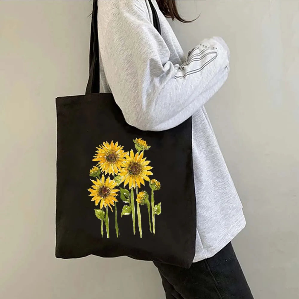 Succulove Floral Cotton Tote Bag | Large Capacity Handbag with Tulips, Hydrangeas, Sunflowers & More (Casual Shoulder Shopper, Eco-Friendly)
