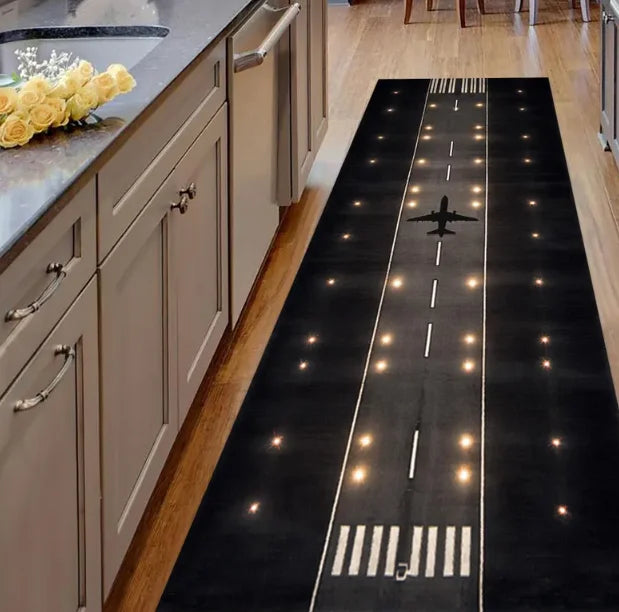 Airplane Runway Runner Rug Cotton Base 3D Print Airplane Runway Rug Black Gold Jet Carpet ModernLiving Room Home Kitchen Decor