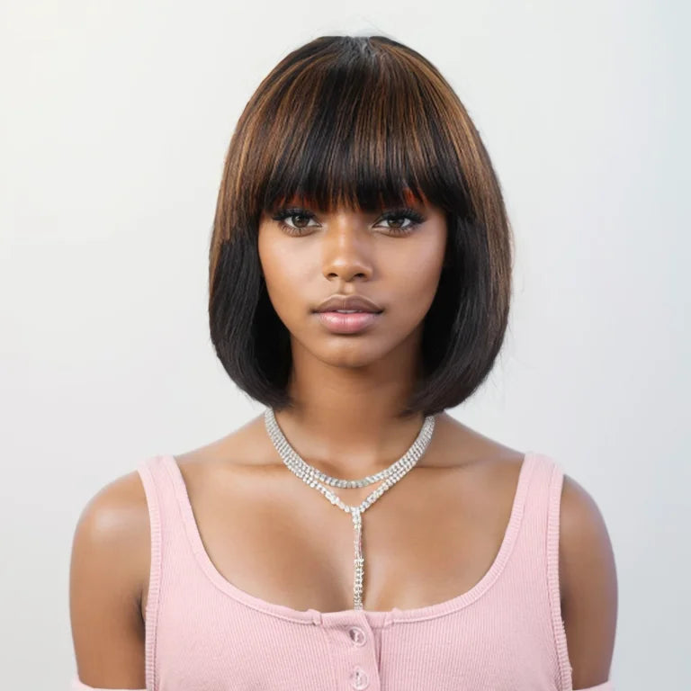 Ombre #4/27 Straight Bob Wig with Bangs | Human Hair Lace Top & Realistic Scalp