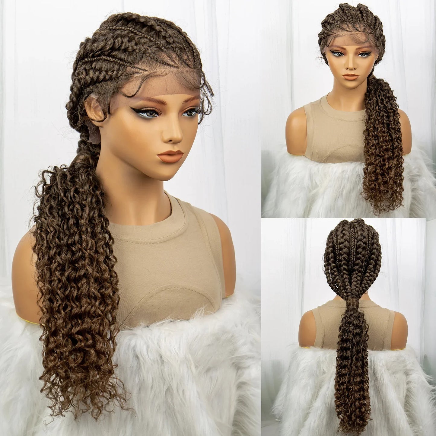 Curly Ends Cornrow Box Braids Wig | Handmade Lace Front | Baby Hair