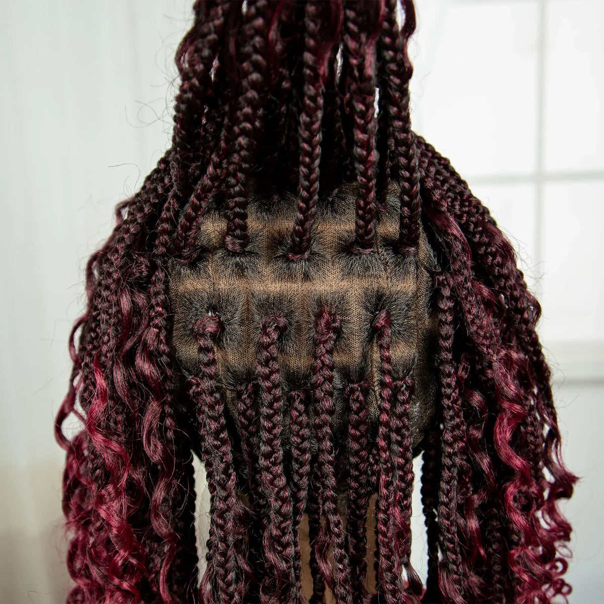 Burgundy Curly Ends Knotless Braids Bob Wig | 99J | Full Lace | Boho Style