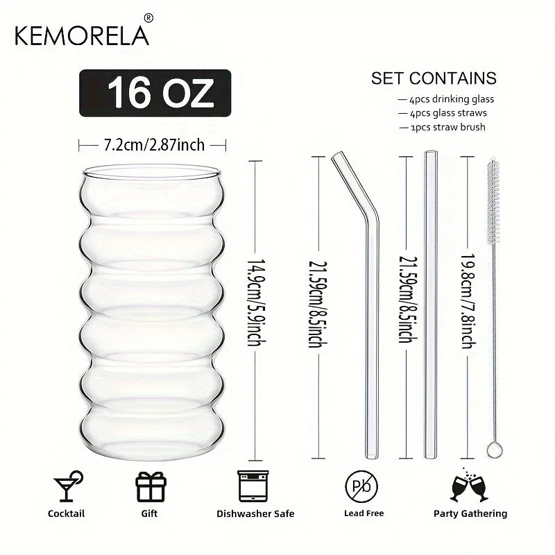500ML 1/2/4PCS Wave Shape Beverage Glasses With Straws Vintage Glass Cups Ripple Drinking Glasses for Wine Champagne Cocktail
