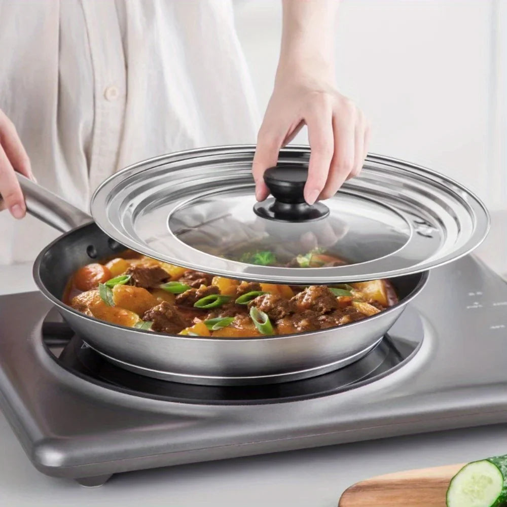 Universal Round Stainless Steel Frame Kitchen Spill-proof Cooking Pot Cover with Glass for Hotels and Restaurants