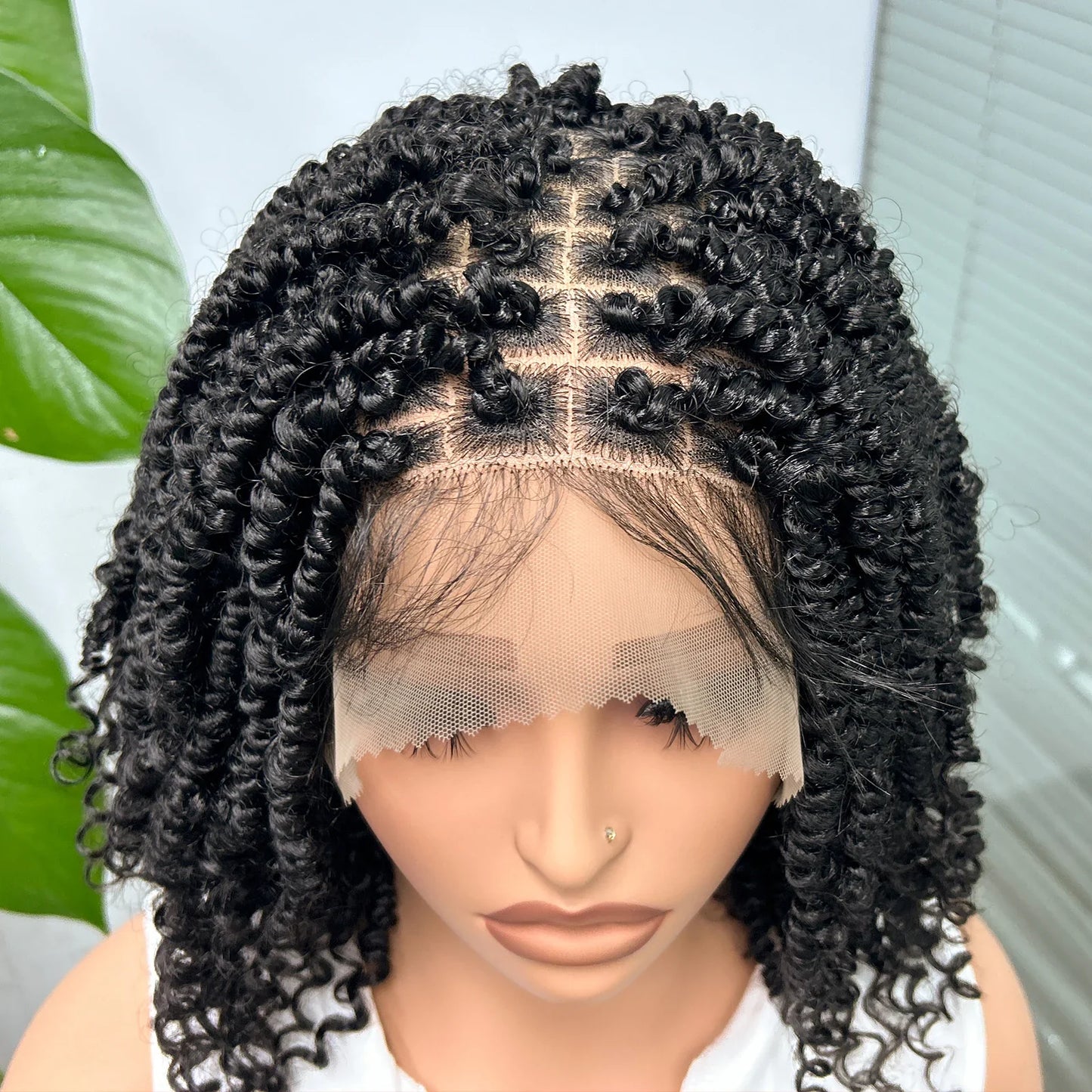 Knotless Box Braided Bob Wig with Curly Ends | Short Twist Braids | Synthetic Lace Front Wig | Handmade for Black Women