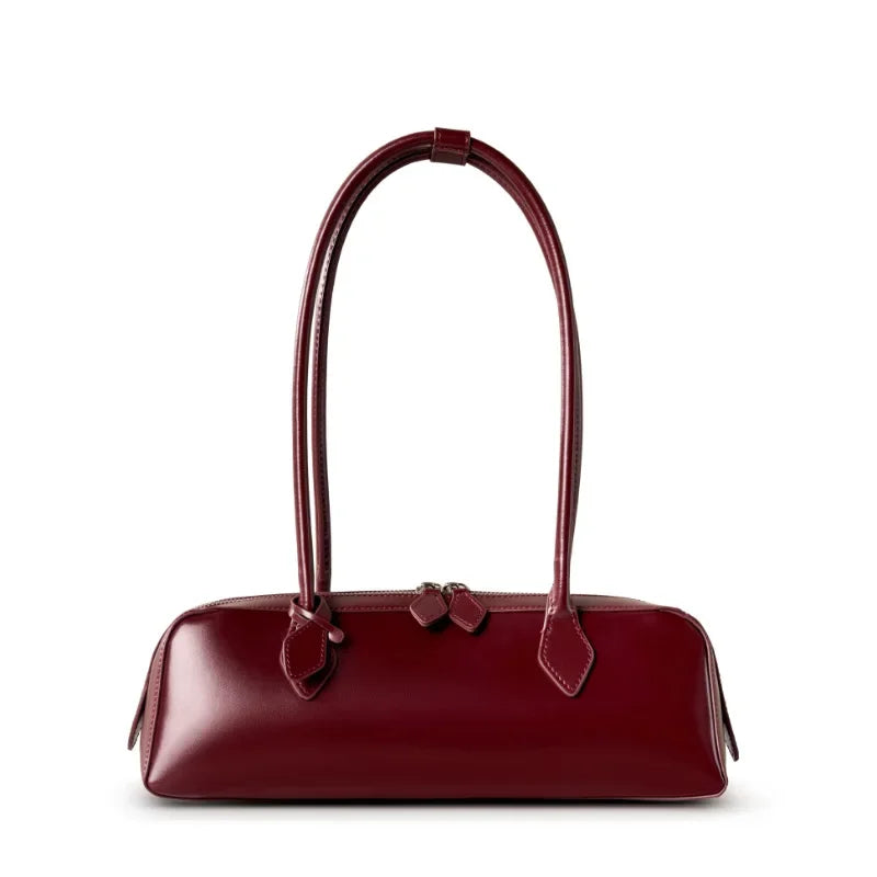 New Genuine Leather Women's Shoulder Bag | Large Capacity Cowhide Luxury Handbag (Long Strip Wine Red Baguette Bag)