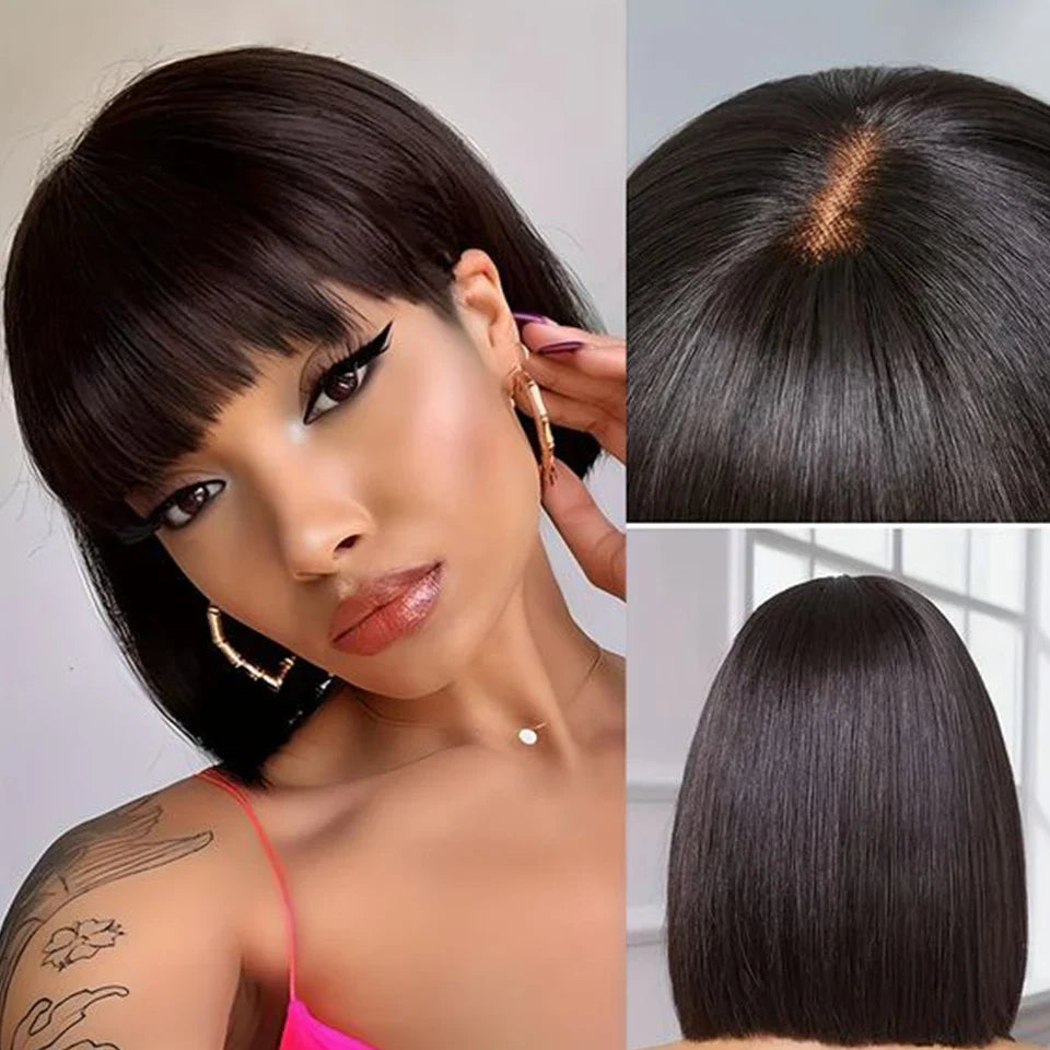 Malaysian Straight Bob Lace Wig with Bangs | Middle Part Glueless Human Hair