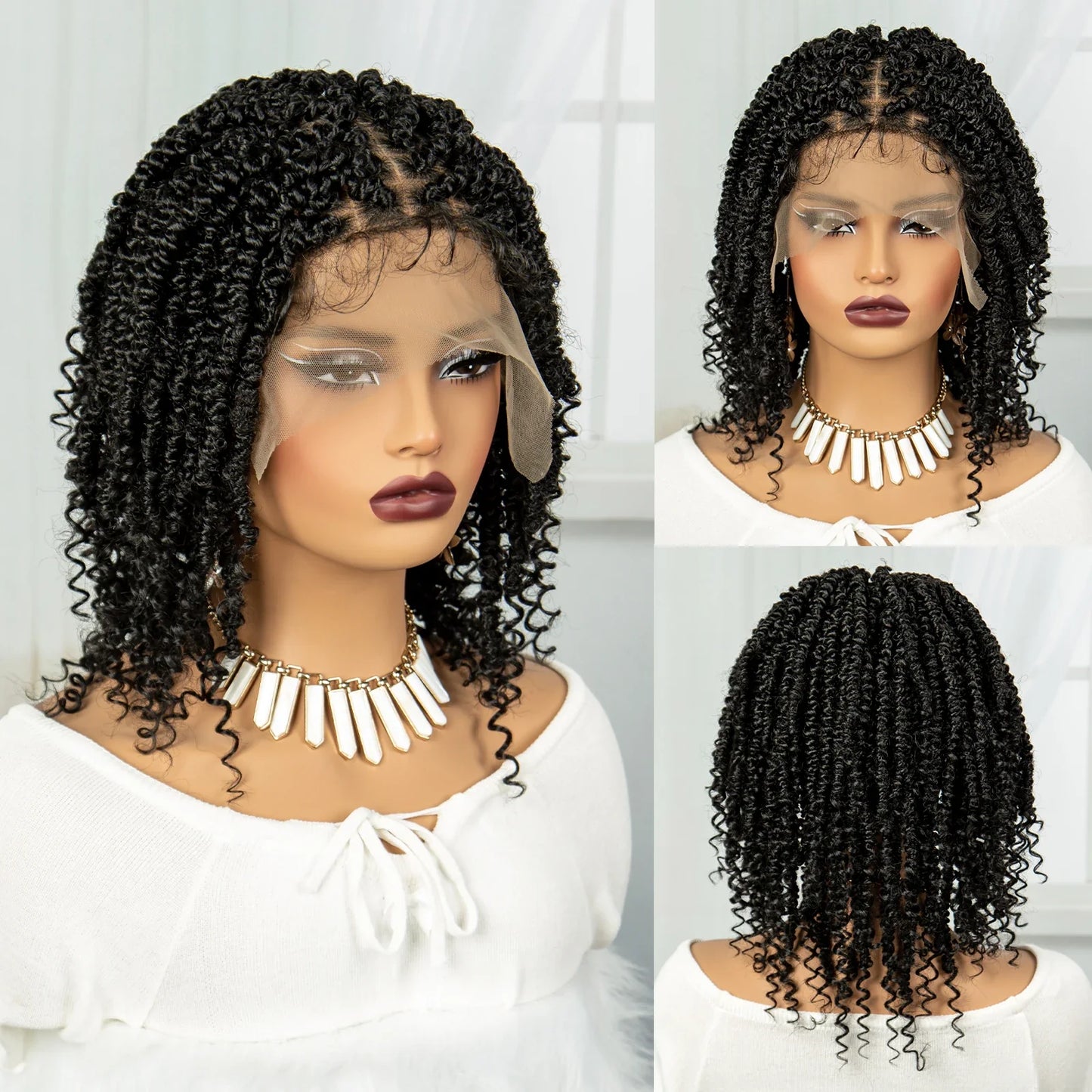 Knotless Box Braided Bob Wig with Curly Ends | Short Twist Braids | Synthetic Lace Front Wig | Handmade for Black Women