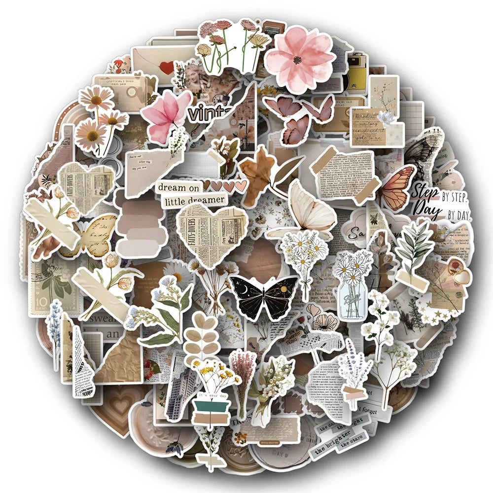 10/30/60/120PCS Retro Art Flower Butterfly Aesthetic Stickers Vintage Decal Laptop Phone Luggage Scrapbook Car Graffiti Sticker