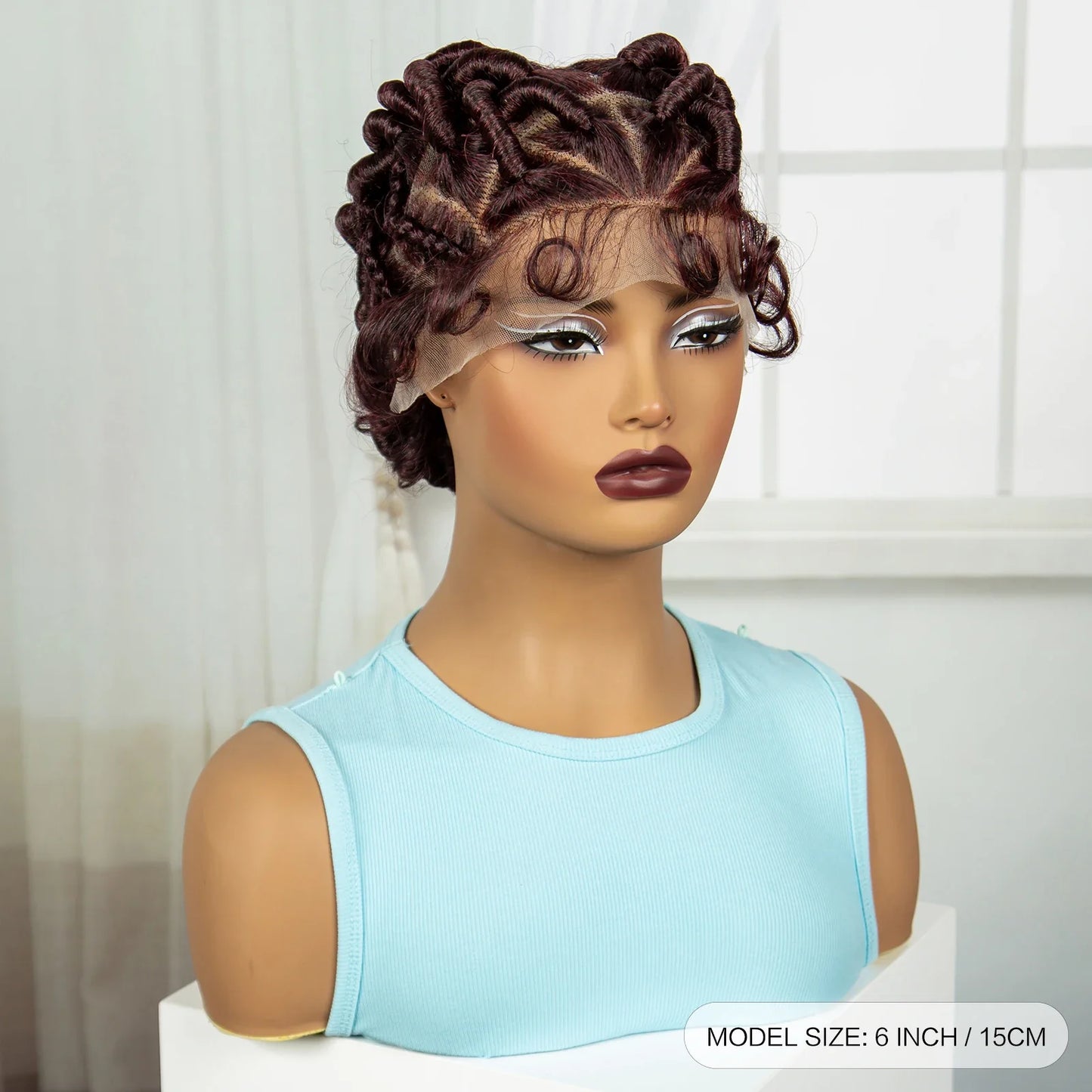 Burgundy Full Lace Synthetic Braided Wig | Knotless Box Braids & Bantu Knots | Lace Front Wig with Baby Hair for Black Women
