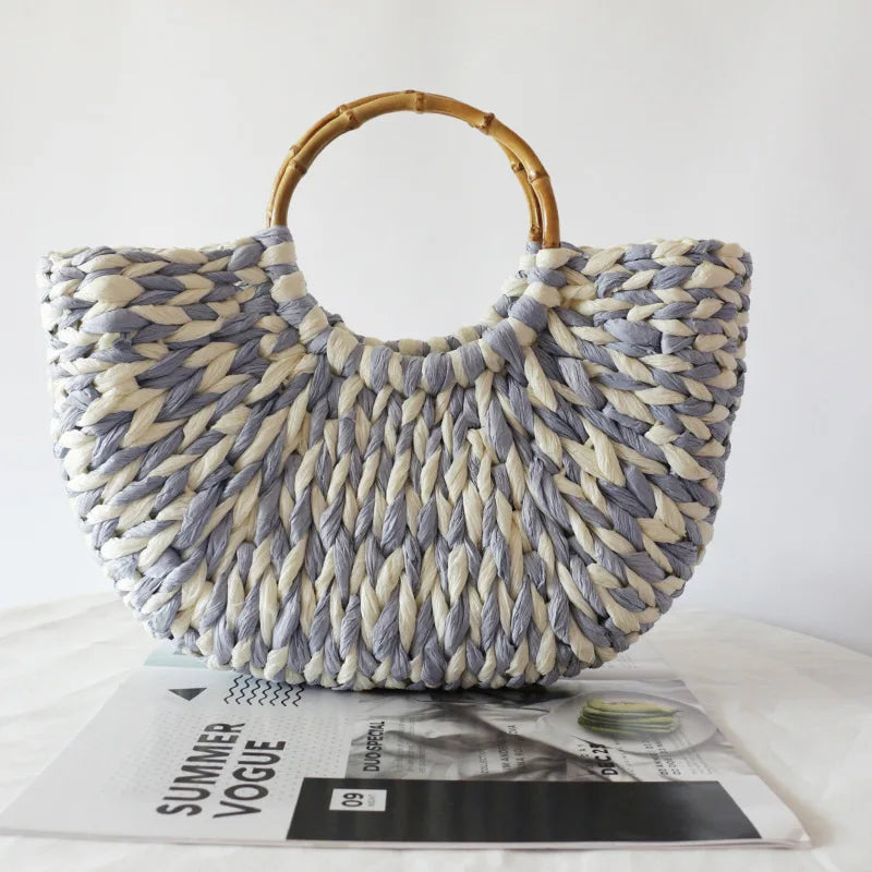 Designer Women's Pearlescent Inlay Half Moon Crossbody Bag | Exquisite Shell Beaded Handbag with Sequin & Wooden Handle Tote