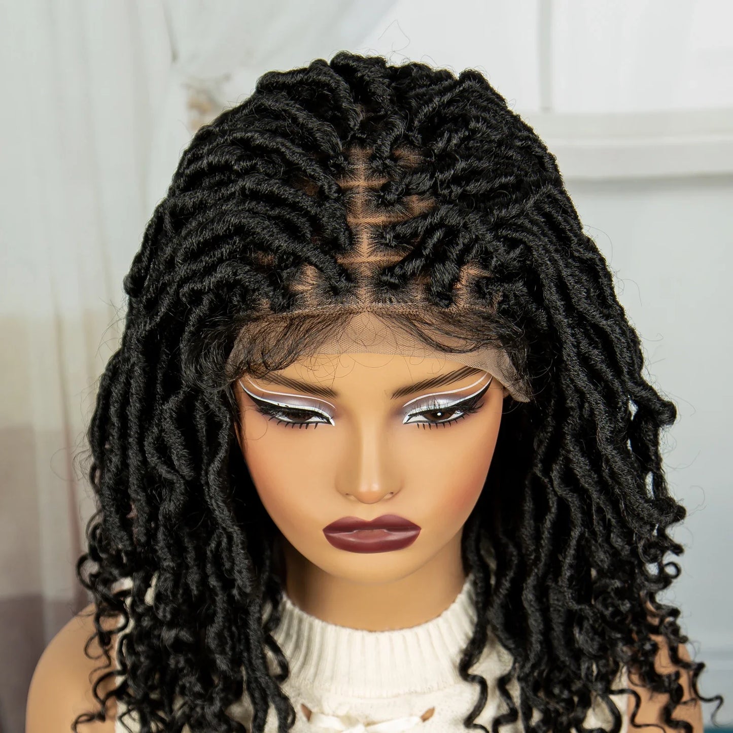Curly Ends Dreadlock Braided Wig | Synthetic Lace Front Goddess Locs Braid Wig with Baby Hair | Faux Locs Wig for Black Women