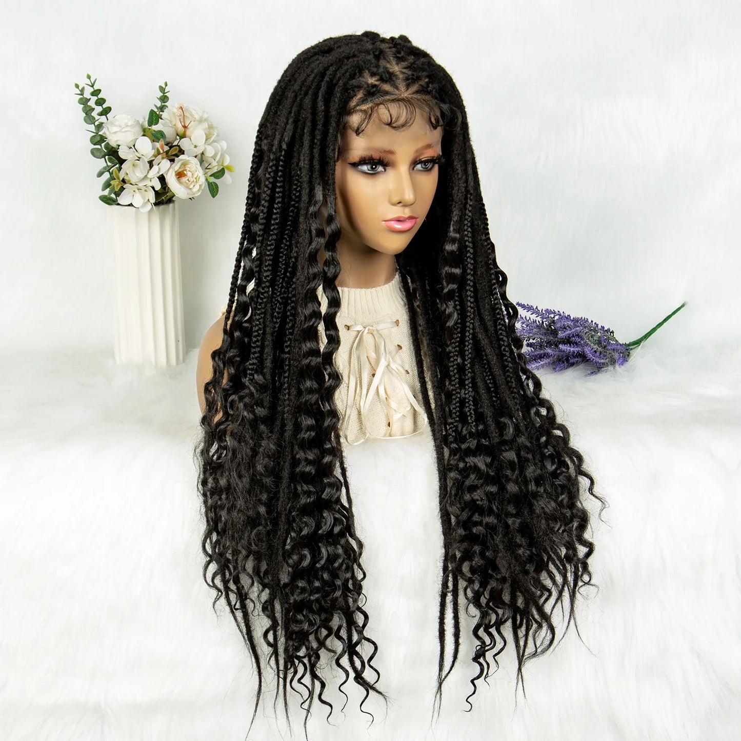 Curly End Dreadlocks Box Braids Wig | Full Lace Pre-Plucked