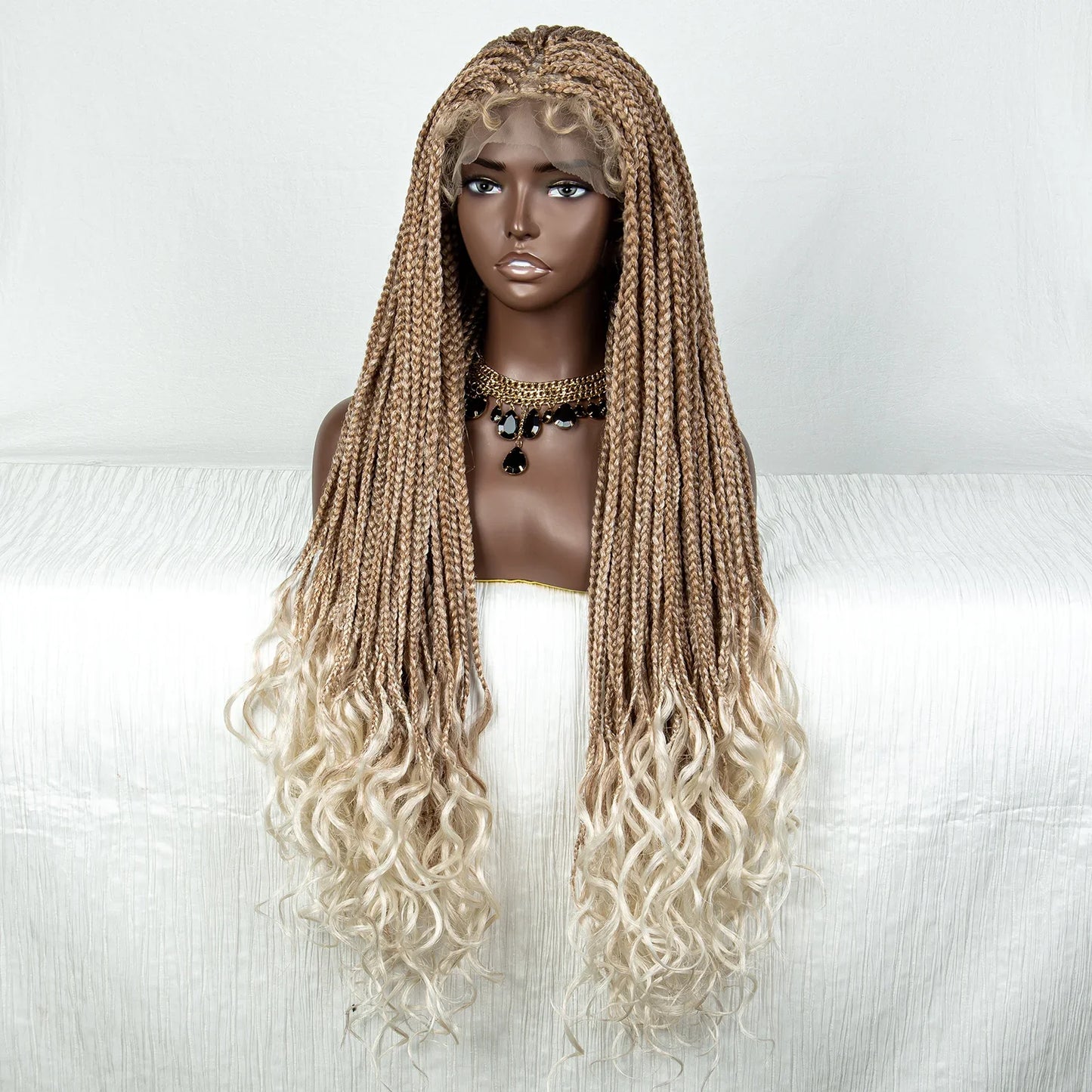 36" Pink & 613 Blonde Braided Wig | Water Wave Ends | Lace Front | Baby Hair