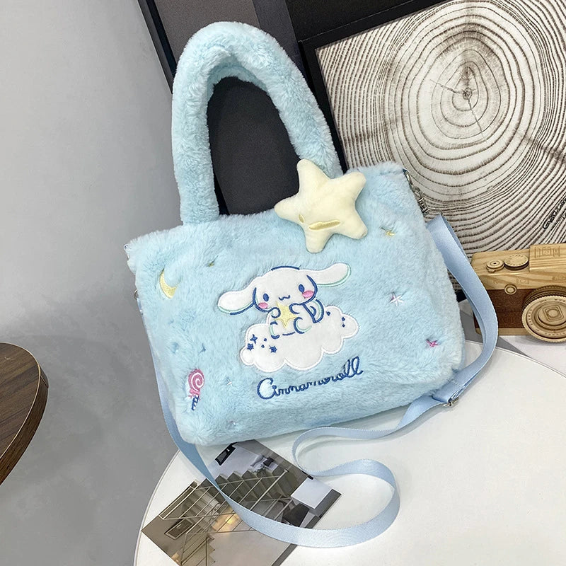 Kawaii Hello Kitty Plush Shoulder Bag | My Melody Cinnamoroll Kuromi Cute Cartoon Anime Handbag (Soft Storage Bag for Women & Girls)