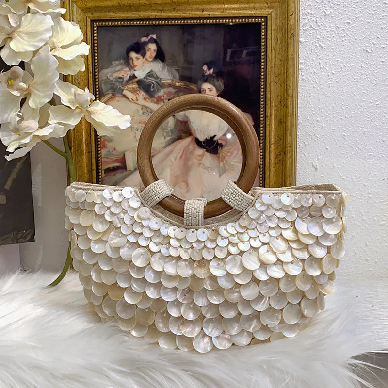 Designer Women's Pearlescent Inlay Half Moon Crossbody Bag | Exquisite Shell Beaded Handbag with Sequin & Wooden Handle Tote