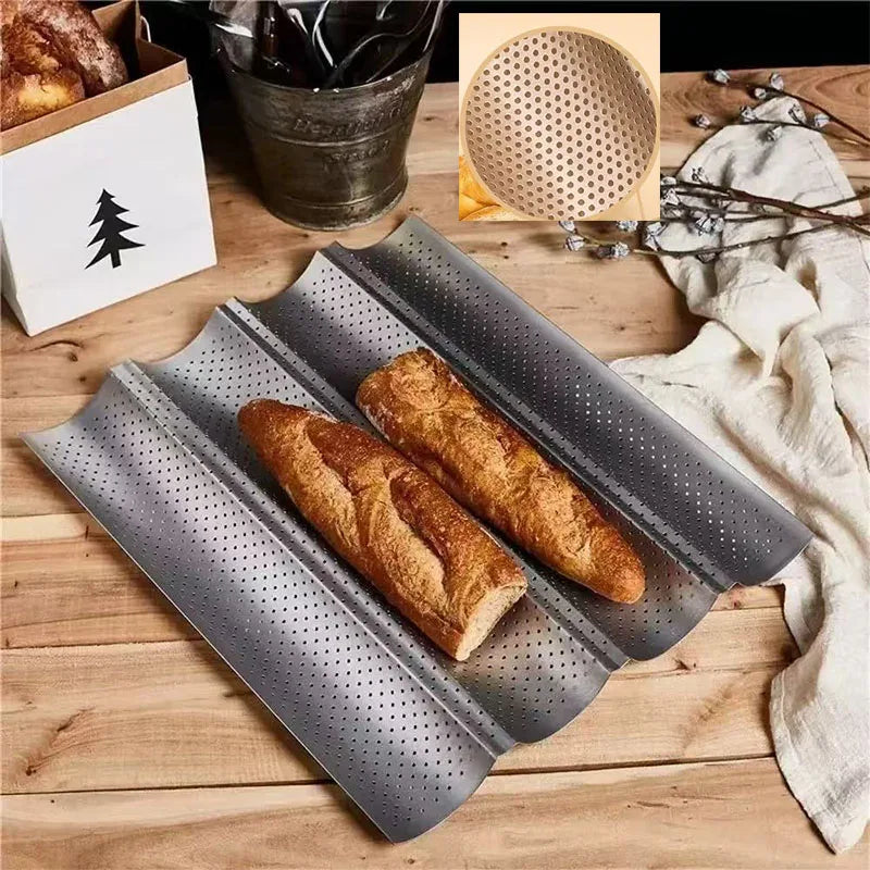 French Bread Baking Pan Nonstick Perforated Carbon Steel Baguette Pan French Bread 3/4 Wave Loaves Loaf Bake Mold Cooking Tray