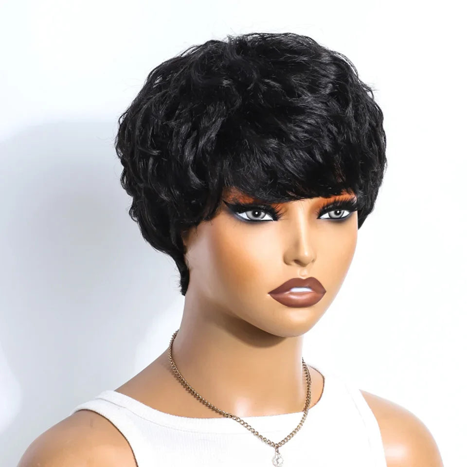 Pixie Short Cut Wavy Curly Human Hair Wig | Brazilian Remy Machine Made Wig for Women