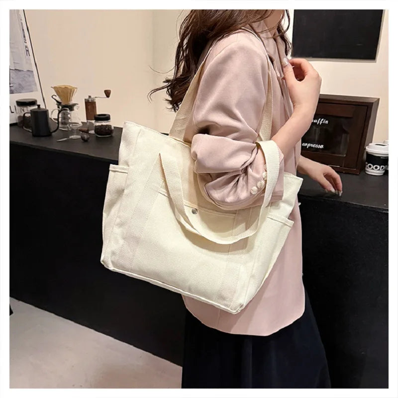 Preppy Style Shoulder Bag Unisex | Large Capacity Handbag & Casual Versatile Solid Canvas Bag (Student Commuting Zipper Square Bag)