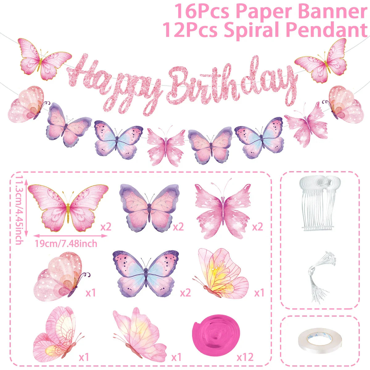 Butterfly Banner Spiral Set Happy 1st Birthday Party Decorations Kids Girls Favors Gifts Spring Butterfly Theme Hanging Pendant