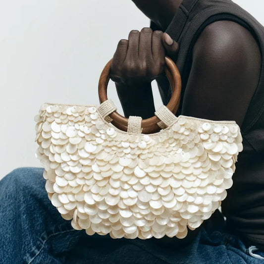 Faux Nacre Appliqué Half-Moon Bag for Women | New Double Circular Top Handles & Removable Chain Crossbody Strap (Fashionable & Versatile)
