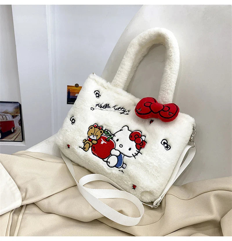 Kawaii Hello Kitty Plush Shoulder Bag | My Melody Cinnamoroll Kuromi Cute Cartoon Anime Handbag (Soft Storage Bag for Women & Girls)